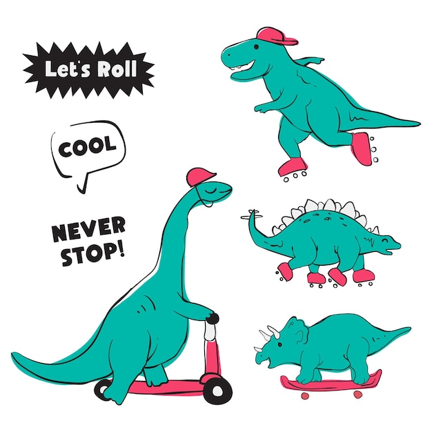 Dinosaurs Skates Set Illustration Scooter Otoped Fun and Hype Skatepark