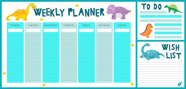 Dinosaurs stationery weekly planner and daily organizer for kids monday to sunday schedule cute vect