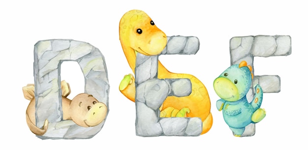 Dinosaurs stone letters Watercolor set animals in cartoon style but isolated background