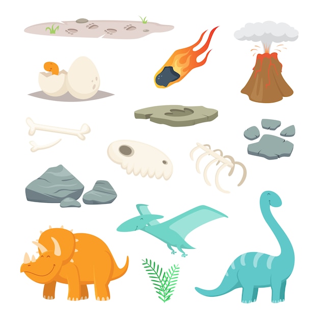 Dinosaurs, stones and other different symbols of prehistoric period