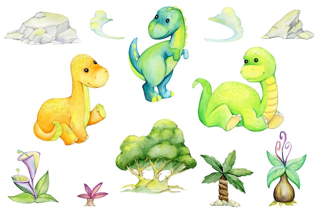 Dinosaurs, trees, palm trees, clouds, flowers. A set of elements.