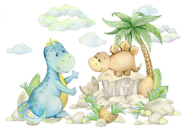 Dinosaurs, tropical leaves, pine trees, clouds, rocks. Watercolor prehistoric world, on an isolated background.