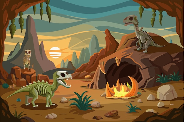 Vector a dinosaurthemed underground setting features animated creatures around a campfire during sunset underground dinosaur bones