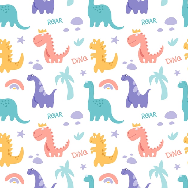 Dinosaurus cute  seamless pattern with rainbow palm tree stone branch isolated on white