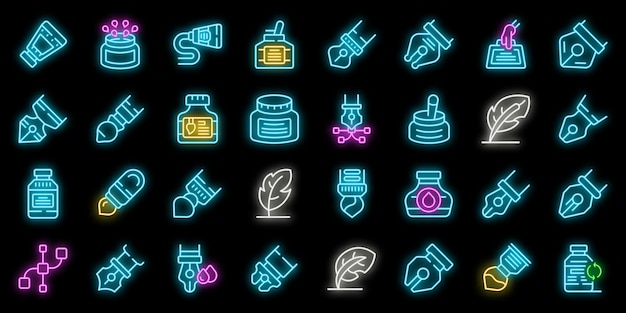 Dip pen tools icons set vector neon