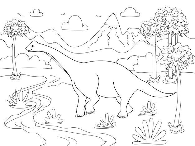 Diplodocus Animal Children coloring Black lines white background Cartoon vector