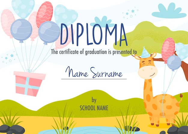 Diploma certificate concept template with cute cartoon giraffe character with balloons