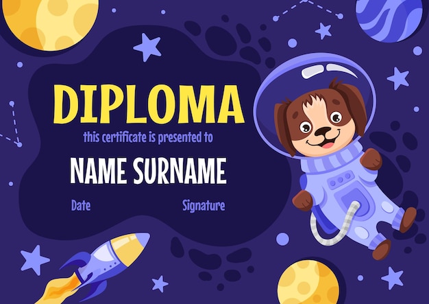 Diploma certificate for kids children in kindergarten and elementary school with cute dog astronaut