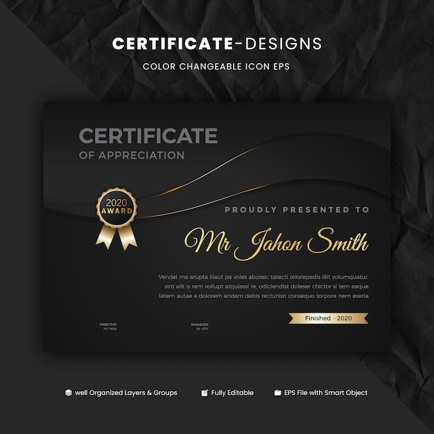 Diploma certificate template in dark theme