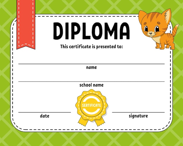 Diploma certificate template For school and preschool For kids and children Vector illustration