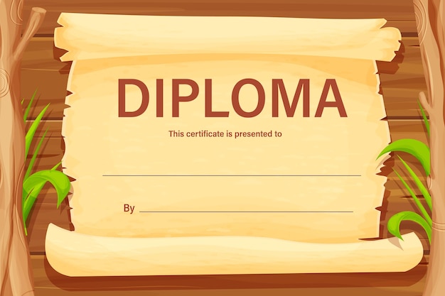 Diploma child certificate on wooden background with parchment and grass graduate in cartoon style