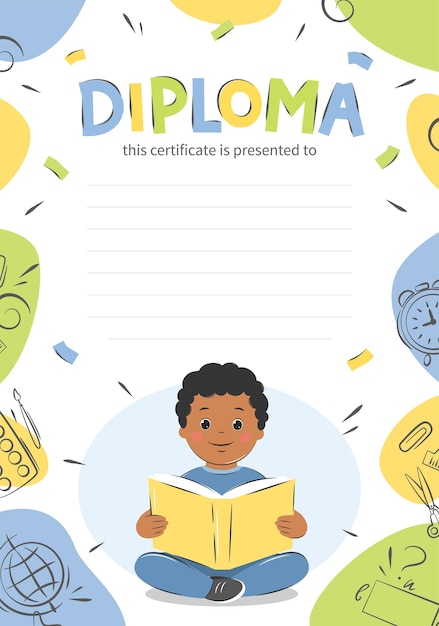 Diploma of school children sample certificate Boy kid reading book