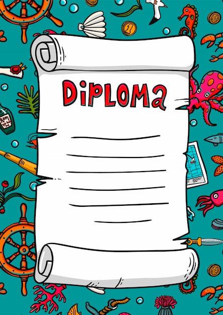 Diploma in sea style. Template. Scroll on a hand-drawn style. Marine theme. 