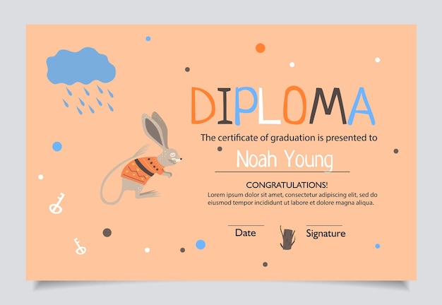 Diploma template for kids certificate background with hand drawn cute elements Dolphin