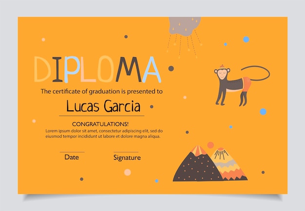 Diploma template for kids certificate background with hand drawn cute elements Monkey