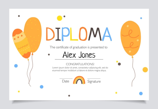 Diploma template for kids, certificate background with hand drawn cute elements for school, preschool or playschool. Vector illustration