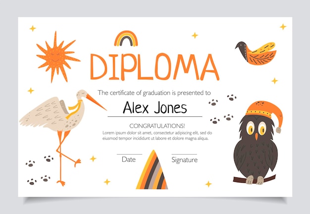 Diploma template for kids, certificate background with hand drawn cute elements for school, preschool or playschool. Vector illustration