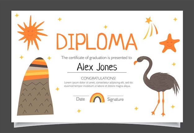 Diploma template for kids, certificate background with hand drawn cute elements for school, preschool or playschool. Vector illustration