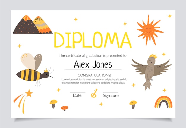 Diploma template for kids certificate background with hand drawn cute elements for school preschool or playschool Vector illustration