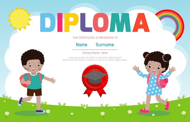 Diploma template for kids flat style, Certificates kindergarten and elementary, Preschool, isolated