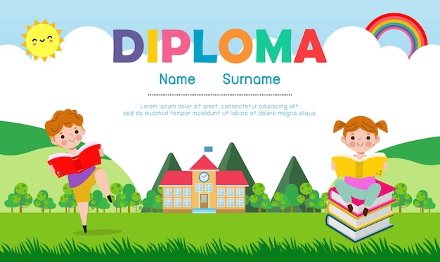 Diploma template for kids flat style, Certificates kindergarten and elementary, Preschool, isolated