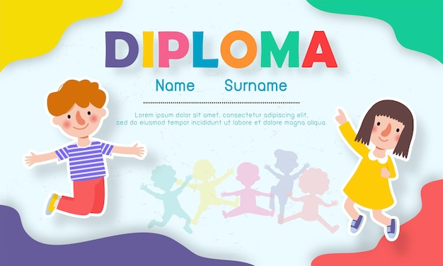 Diploma template for kids paper art style Certificates kindergarten and elementary Preschool