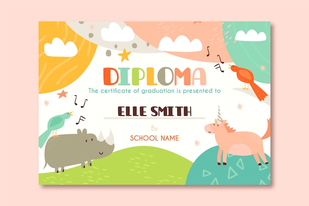 Diploma template for kids with animal cartoons