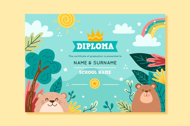 Diploma template for kids with animals and nature