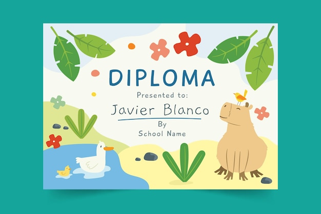 Diploma template for kids with animals