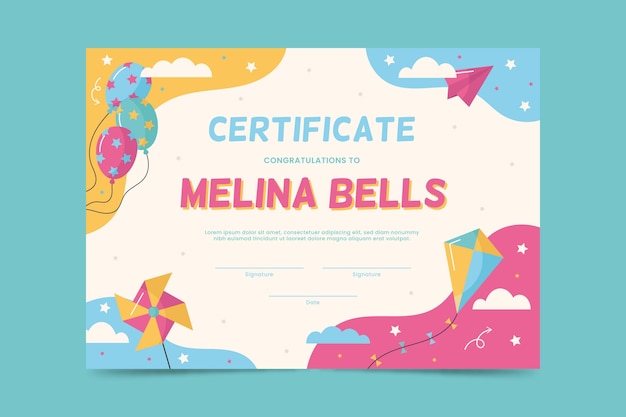 Diploma template for kids with balloons and kite