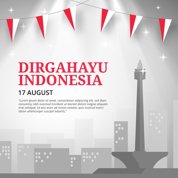 Dirgahayu Indonesia or Indonesia independence day background with flag decoration and illustration of buildings on gray color