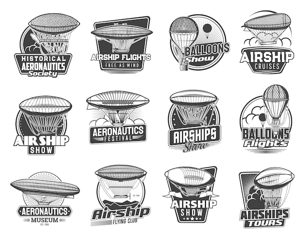 Dirigible airships and balloons vector icons set