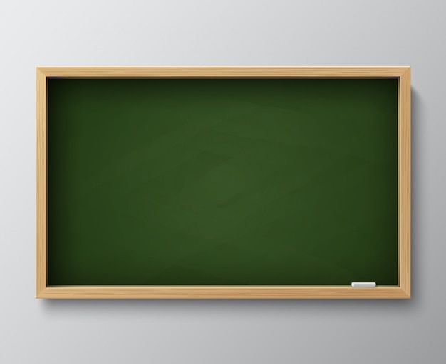 Dirty empty blackboard. Green chalkboard with wooden frame and chalk for classroom or restaurant menu vector illustration