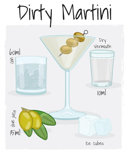 Dirty Martini Cocktail Illustration Recipe Drink with Ingredients