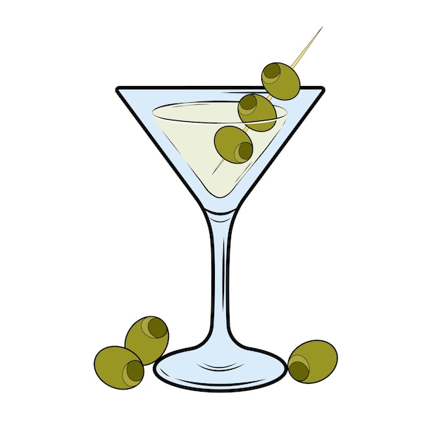 Dirty Martini Hand Drawing Alcohol Cocktail with olives on white background Doodle style