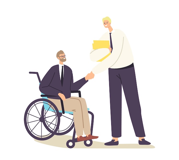 Disabled Businessman Character in Wheelchair Shaking Hand with Business Partner or Boss