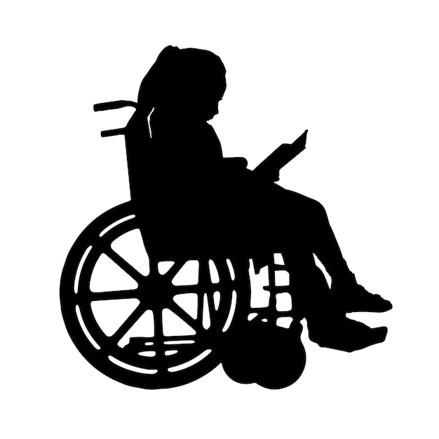 Disabled child girl sitting in a wheelchair reading a book Vector Silhouette