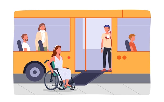 Disabled girl in wheelchair at bus stop. bus with ramp equipment for people with special needs