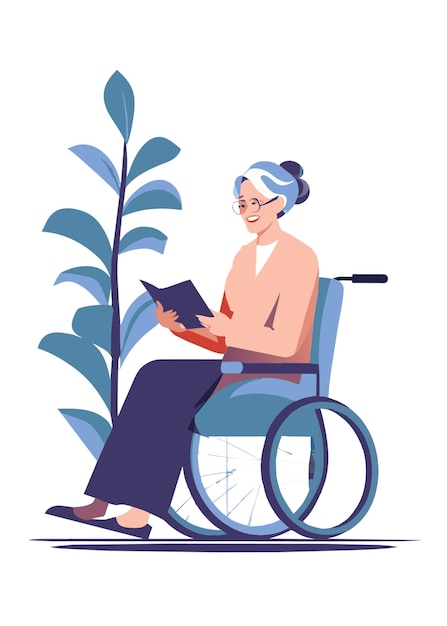 Vector a disabled grandmother sits in a wheelchair and reads a book vector image vector illustration