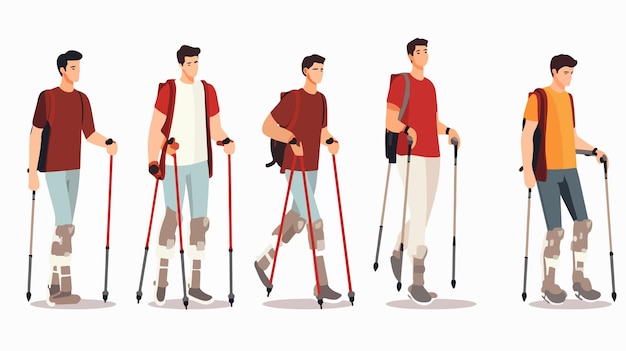 Vector disabled man using crutches and prosthetic leg flat vector illustration