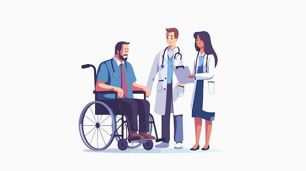 Disabled man in wheelchair consulting with female doctor concept