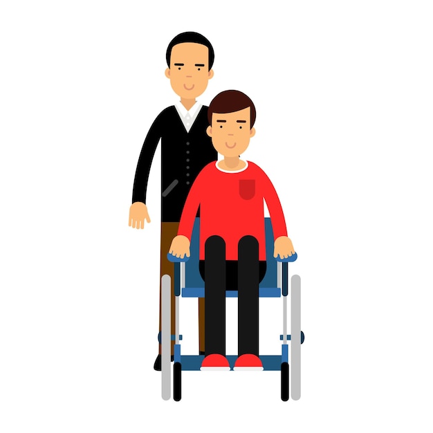 Vector disabled man in wheelchair, friend or social worker helping him colorful vector illustration on a white background