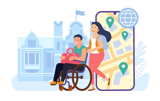 Disabled man and woman travel world Phone application Couple with disabilities Male in wheelchair and female looking at sightseeing Mobile map with landmark locations Vector concept