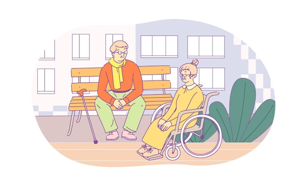 Disabled man and woman walking and communicating outdoors