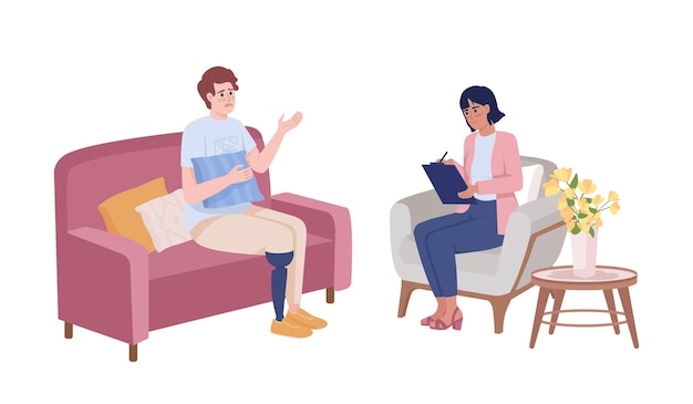 Disabled patient at psychotherapy semi flat color vector characters