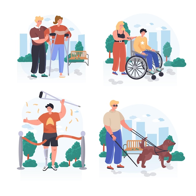 Disabled people concept scenes set vector illustration of characters