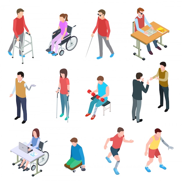 Disabled people isometric. Persons with injury in wheelchair, with prosthetic limbs, blind and elderly people. Vector isolated set