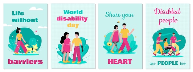 Disabled people support and inspiration cards set