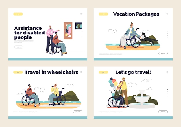 Disabled people travel in wheelchair concept of set of landing pages with handicapped tourists.