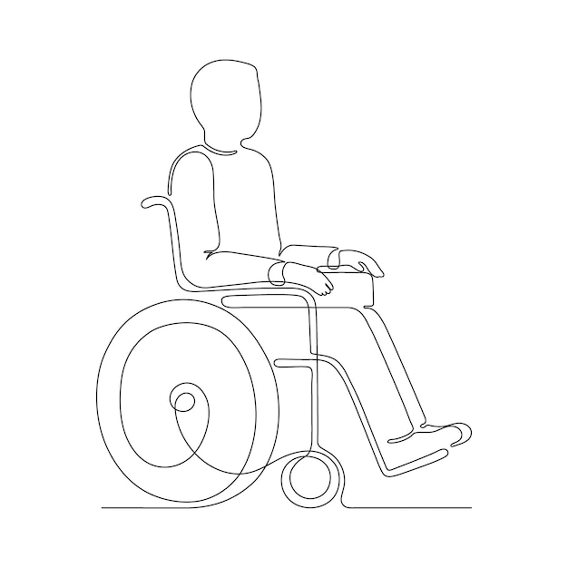 Disabled person on wheelchair outline continuous one line. Care, assistance old or injured patient